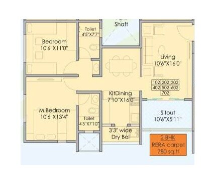 Floor plan of 2 BHK 780 Sq. Ft. Apartment in Skyline Rajdeep, Pune