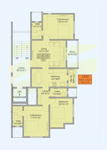 Floor plan of 3 BHK 996 Sq. Ft. Apartment in Skyline Rajdeep, Pune