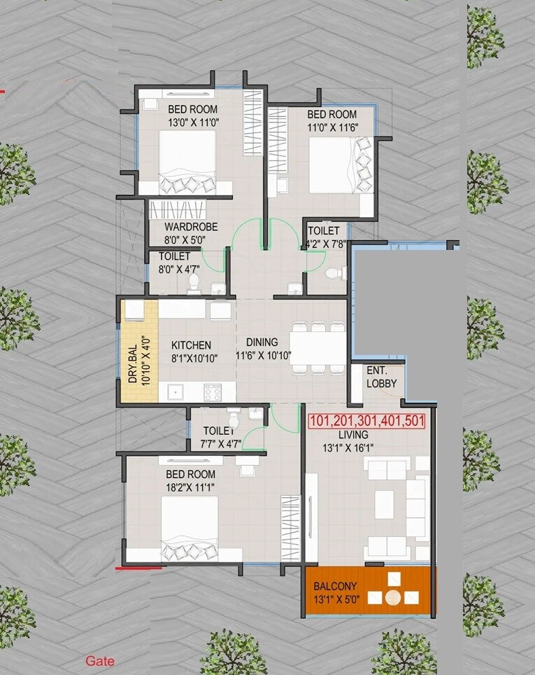 Floor plan of 3 BHK 1311 Sq. Ft. Apartment in Skyline Susangat, Pune