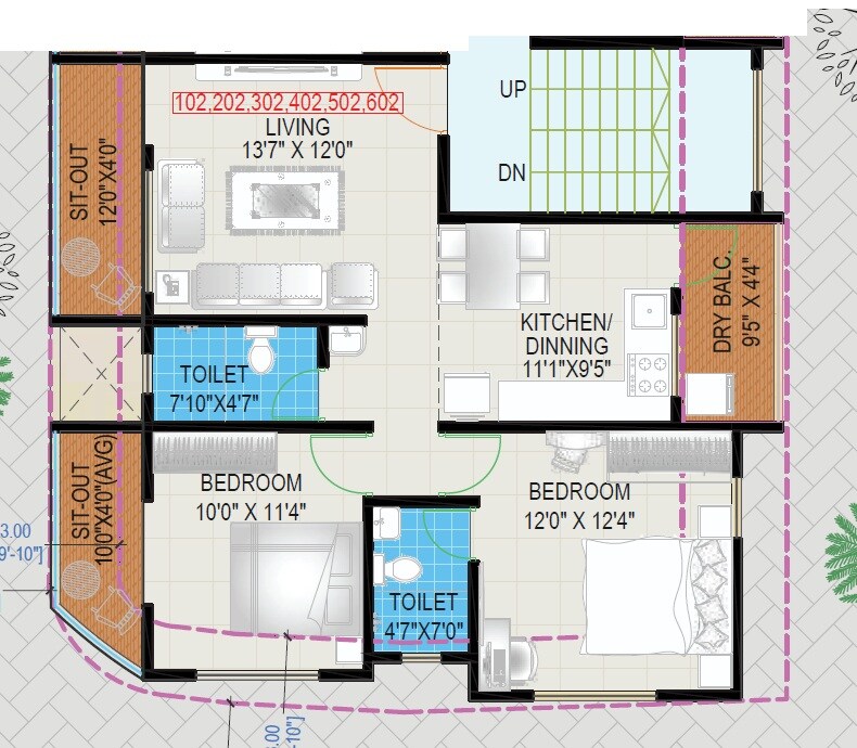 Floor plan of 2 BHK 679 Sq. Ft. Apartment in Skyline Yashwant, Pune