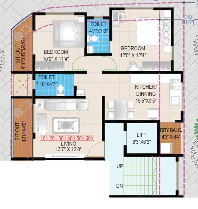 Floor plan of 2 BHK 722 Sq. Ft. Apartment in Skyline Yashwant, Pune