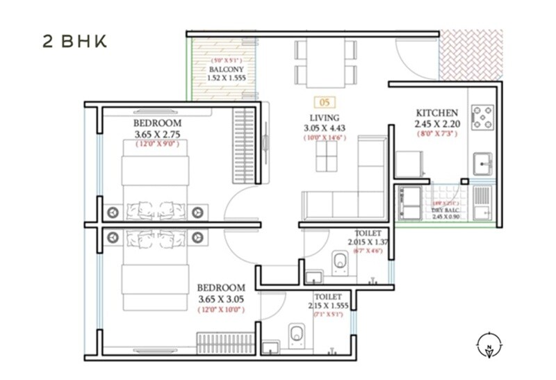 Floor plan of 2 BHK 739 Sq. Ft. Apartment in Skylish Vaastuu, Pune