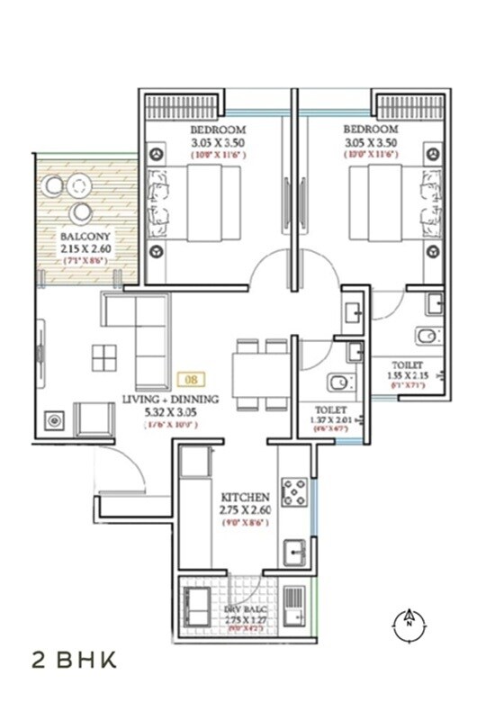 Floor plan of 2 BHK 745 Sq. Ft. Apartment in Skylish Vaastuu, Pune