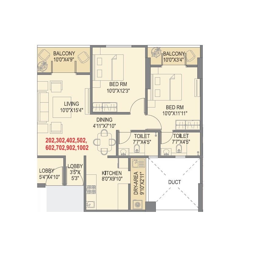 Floor plan of 2 BHK 770 Sq. Ft. Apartment in Skyrise Skyscape, Pune