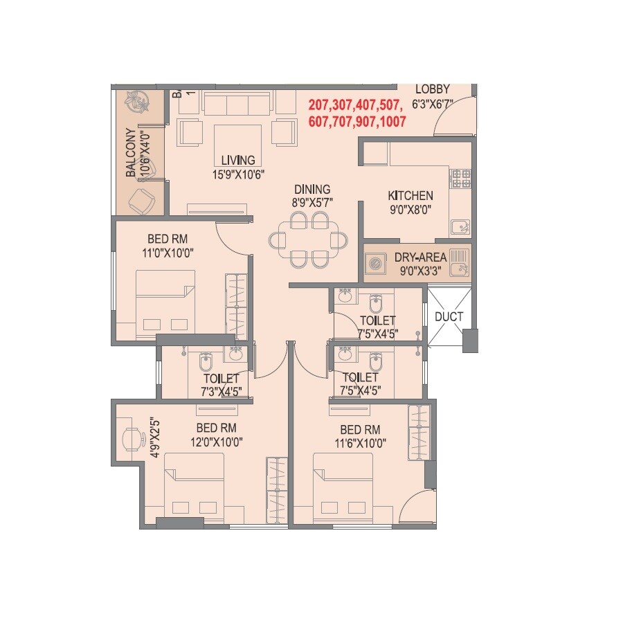 Floor plan of 3 BHK 1016 Sq. Ft. Apartment in Skyrise Skyscape, Pune