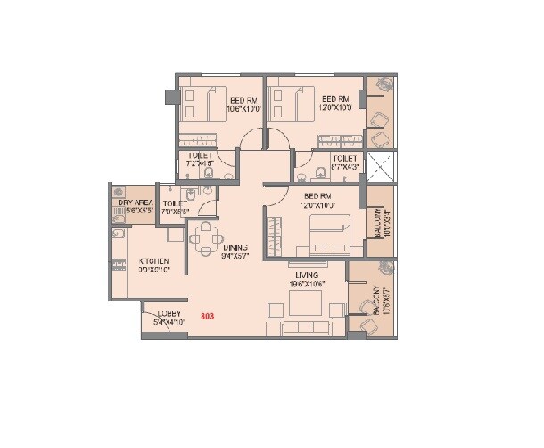 Floor plan of 3 BHK 1094 Sq. Ft. Apartment in Skyrise Skyscape, Pune