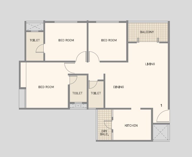 Floor plan of 3 BHK 1045 Sq. Ft. Apartment in Skyrise Sparkle, Pune