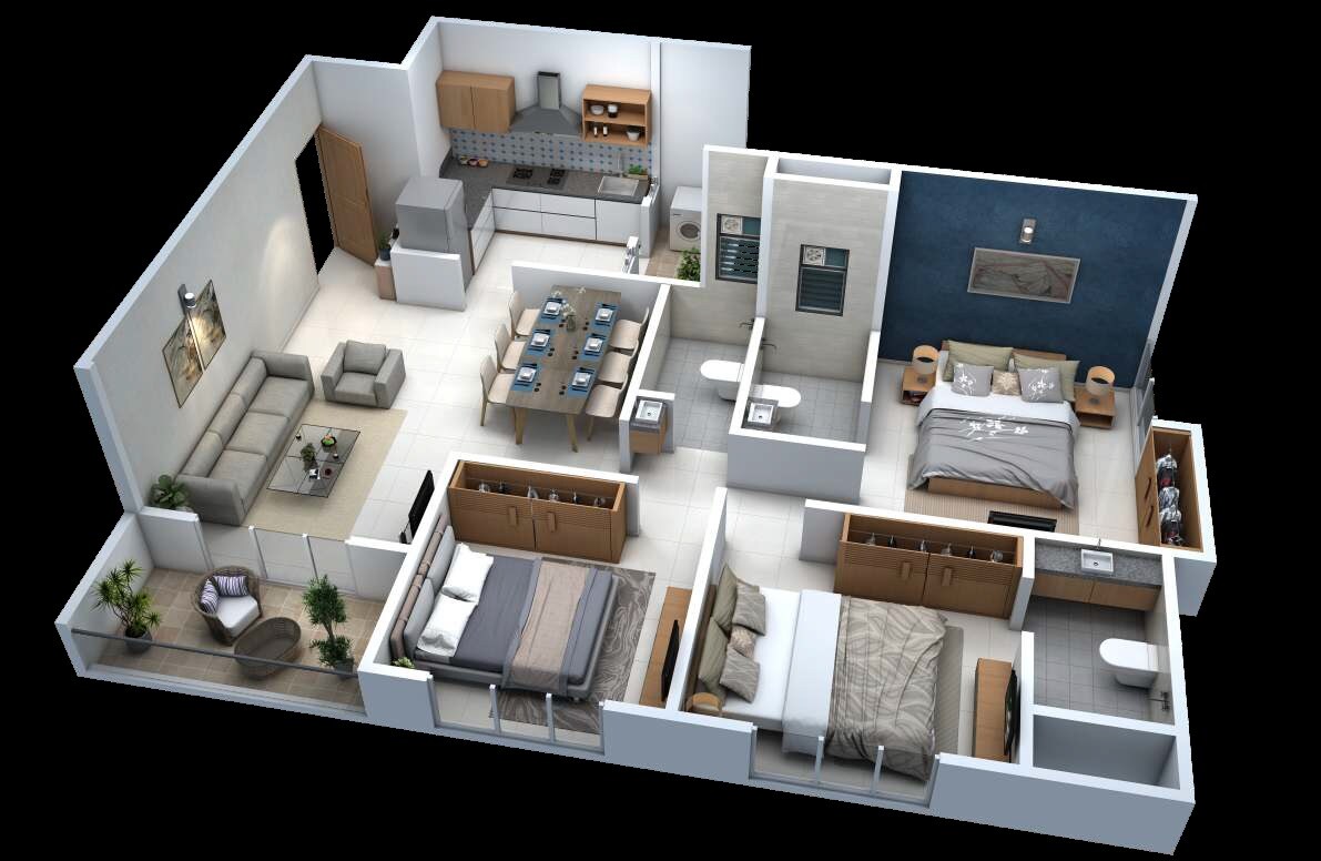 Floor plan of 3 BHK 829 Sq. Ft. Apartment in Skyrise Sparkle, Pune