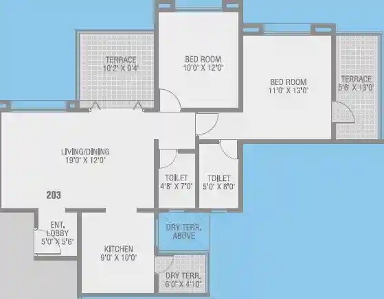 Floor plan of 2 BHK 642 Sq. Ft. Apartment in Skyscraper, Pune