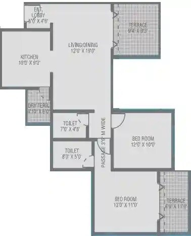 Floor plan of 2 BHK 743 Sq. Ft. Apartment in Skyscraper, Pune