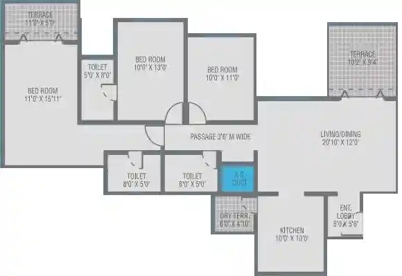 Floor plan of 3 BHK 1037 Sq. Ft. Apartment in Skyscraper, Pune