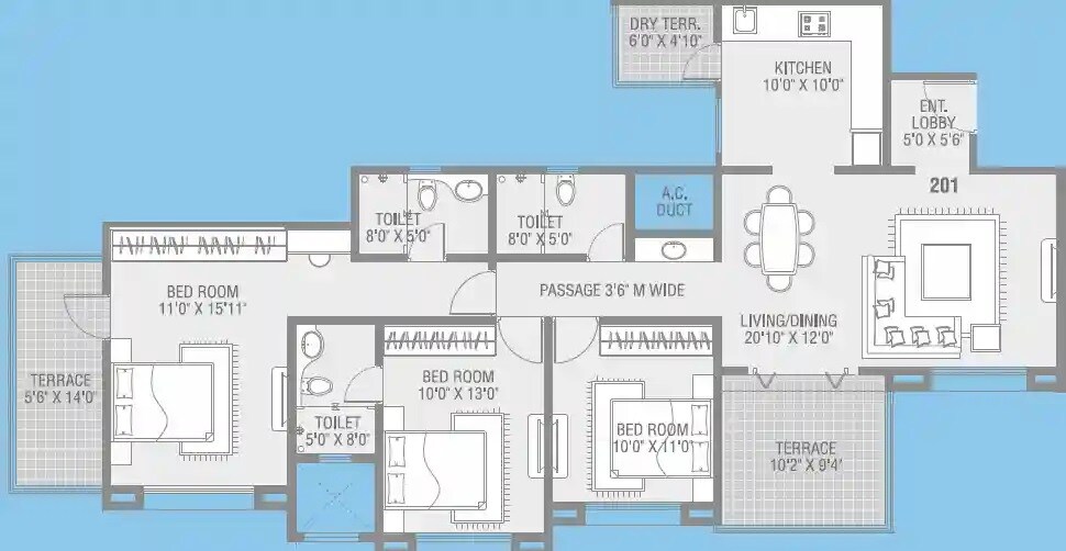 Floor plan of 3 BHK 943 Sq. Ft. Apartment in Skyscraper, Pune