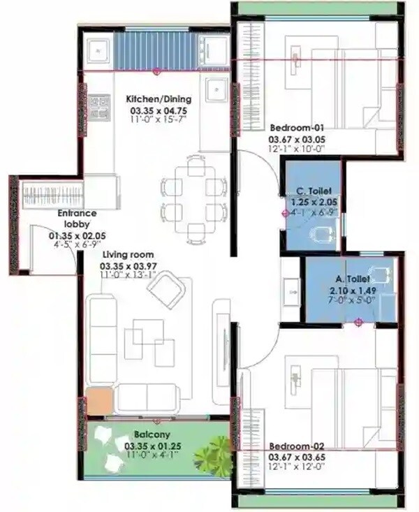 Floor plan of 2 BHK 812 Sq. Ft. Apartment in Skyway Parvati, Pune