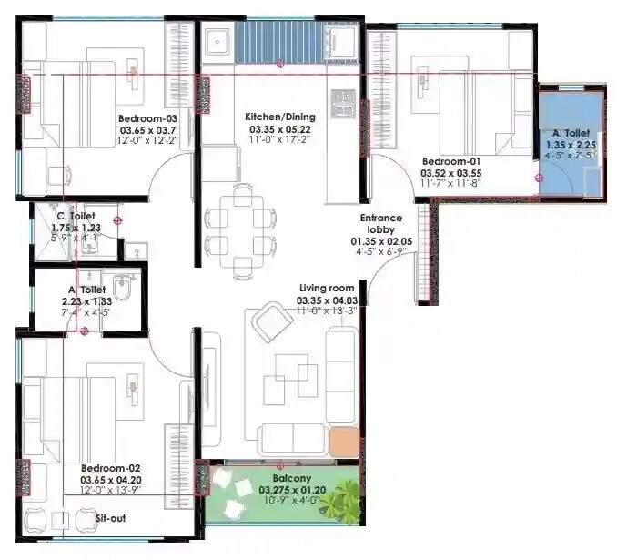 Floor plan of 3 BHK 1058 Sq. Ft. Apartment in Skyway Parvati, Pune