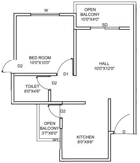 Floor plan of 1 BHK 419 Sq. Ft. Apartment in Skyways Harmony, Pune