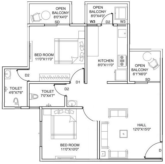 Floor plan of 2 BHK 628 Sq. Ft. Apartment in Skyways Harmony, Pune