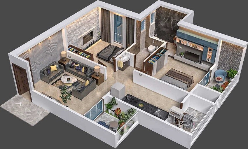 Floor plan of 2 BHK 630 Sq. Ft. Apartment in Skyways Harmony, Pune