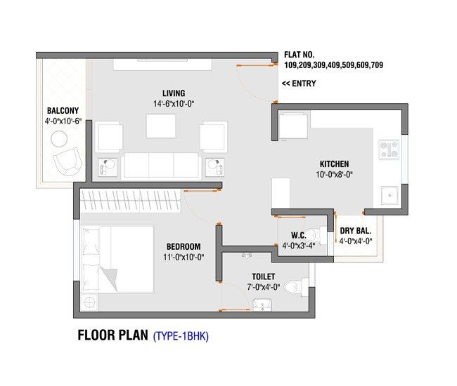 Floor plan of 1 BHK 475 Sq. Ft. Apartment in Skyways Pratham, Pune