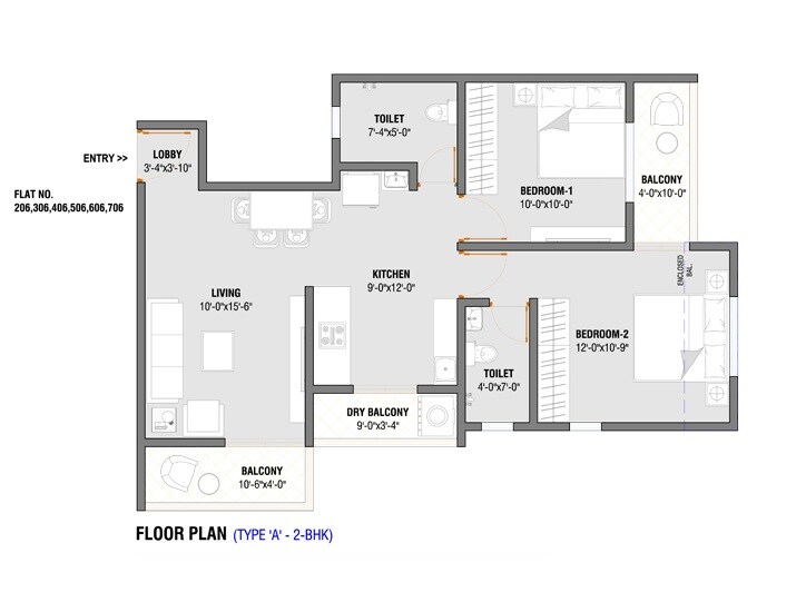 Floor plan of 2 BHK 596 Sq. Ft. Apartment in Skyways Pratham, Pune