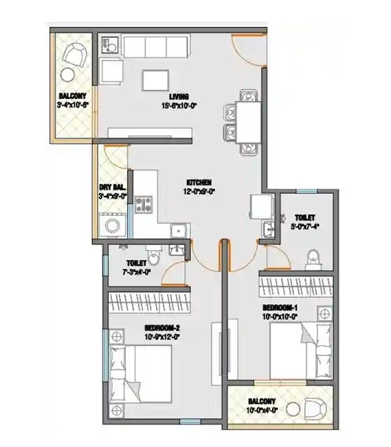Floor plan of 2 BHK 736 Sq. Ft. Apartment in Skyways Pratham, Pune