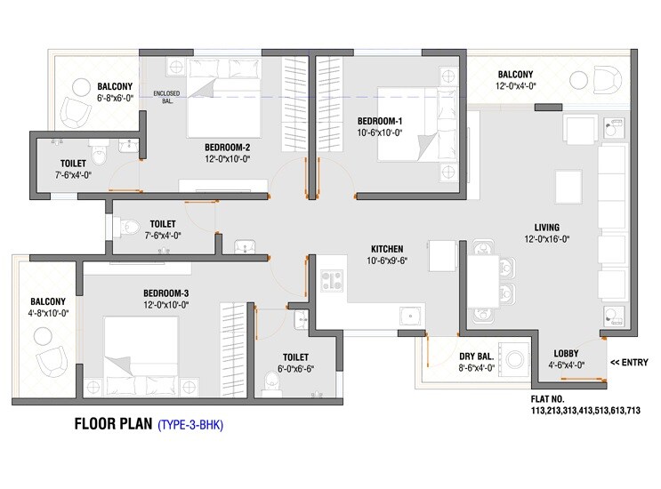 Floor plan of 3 BHK 999 Sq. Ft. Apartment in Skyways Pratham, Pune