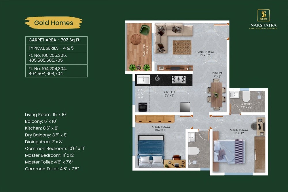 Floor plan of 2 BHK 703 Sq. Ft. Apartment in SMH Nakshatra, Pune
