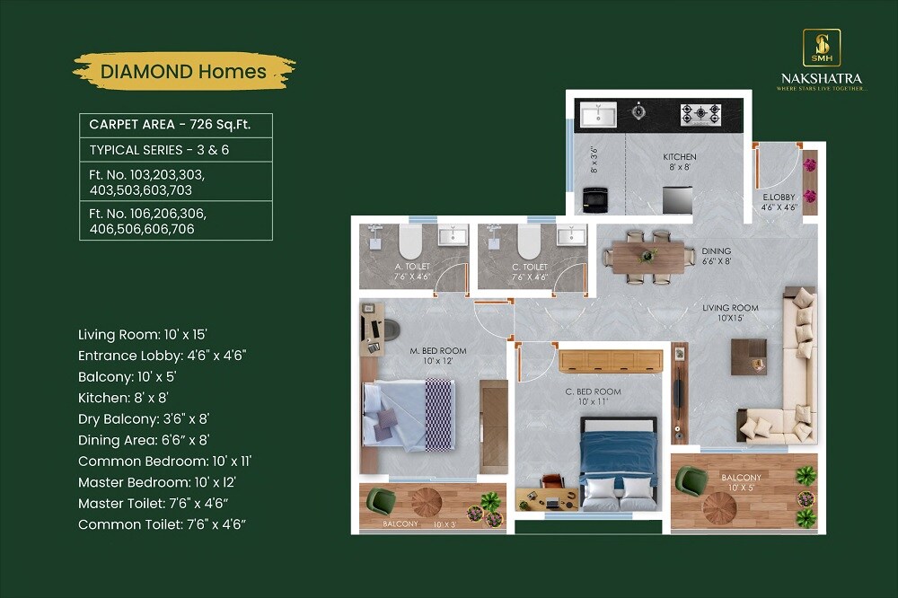Floor plan of 2 BHK 726 Sq. Ft. Apartment in SMH Nakshatra, Pune