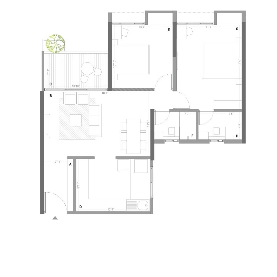Floor plan of 2 BHK 829 Sq. Ft. Apartment in SMP Amberwood, Pune