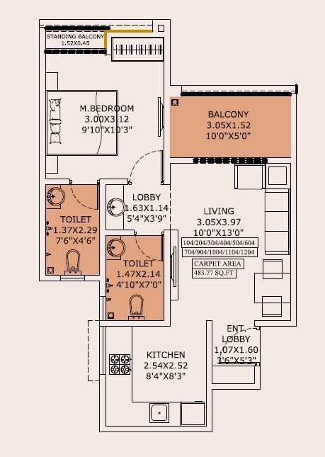 Floor plan of 1 BHK 483 Sq. Ft. Apartment in Sneha Kohinoor, Pune