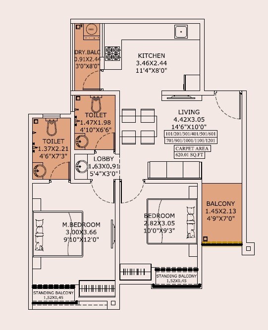 Floor plan of 2 BHK 620 Sq. Ft. Apartment in Sneha Kohinoor, Pune