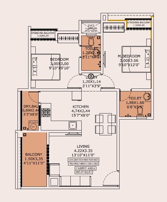 Floor plan of 2 BHK 685 Sq. Ft. Apartment in Sneha Kohinoor, Pune