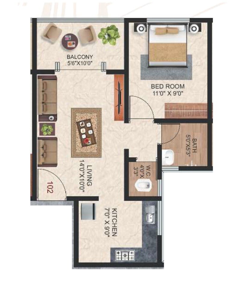 Floor plan of 1 BHK 434 Sq. Ft. Apartment in Sneha Sparsha Residency, Pune