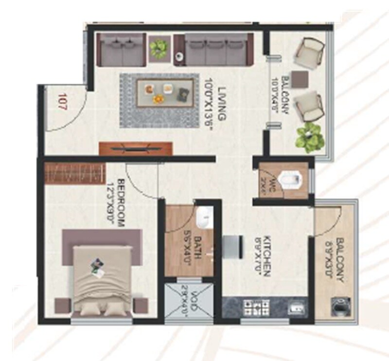 Floor plan of 1 BHK 484 Sq. Ft. Apartment in Sneha Sparsha Residency, Pune