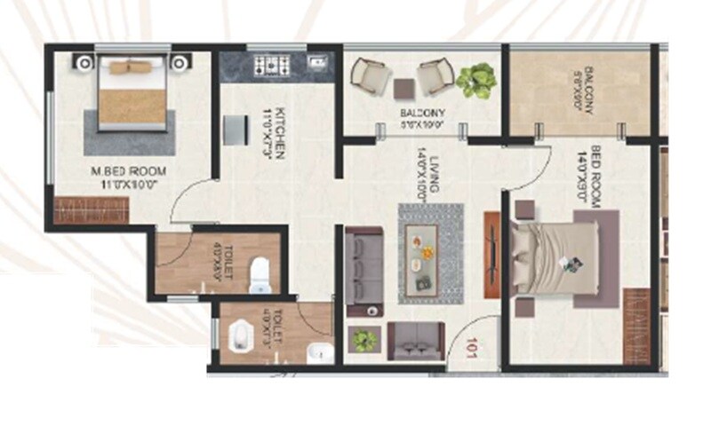 Floor plan of 2 BHK 574 Sq. Ft. Apartment in Sneha Sparsha Residency, Pune