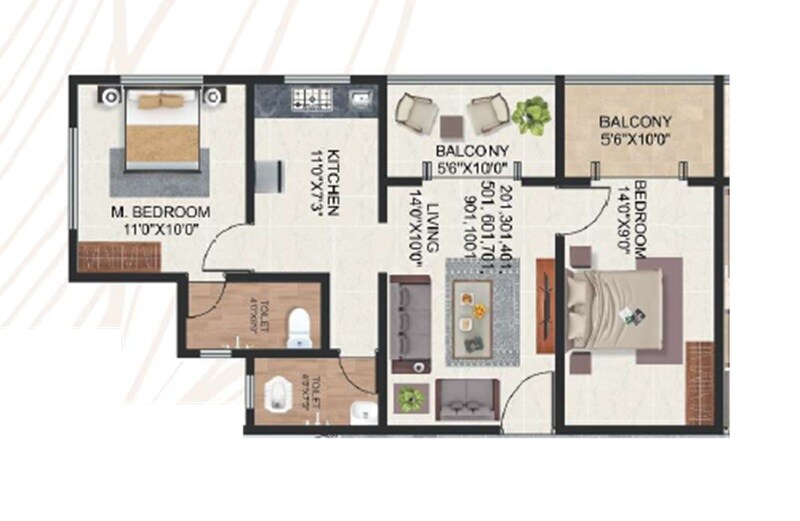 Floor plan of 2 BHK 679 Sq. Ft. Apartment in Sneha Sparsha Residency, Pune