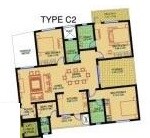 Floor plan of 3 BHK 1500 Sq. Ft. Apartment in Sobha Carnation Pune, Pune