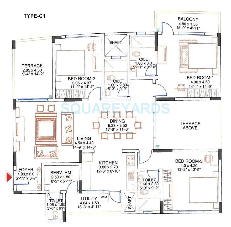 Floor plan of 3 BHK 2326 Sq. Ft. Apartment in Sobha Carnation Pune, Pune