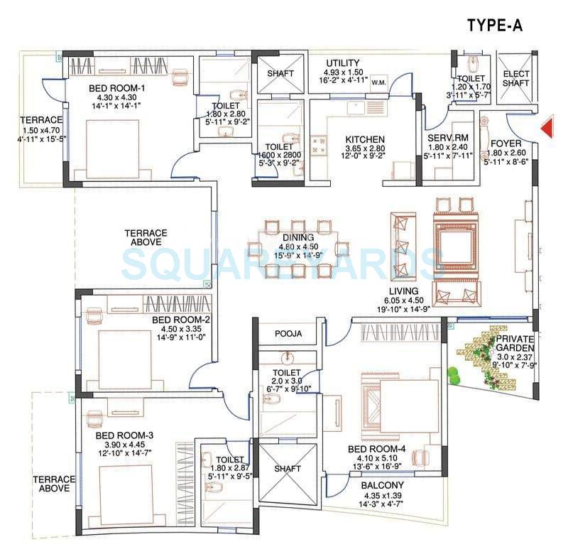 Floor plan of 4 BHK 2823 Sq. Ft. Apartment in Sobha Carnation Pune, Pune