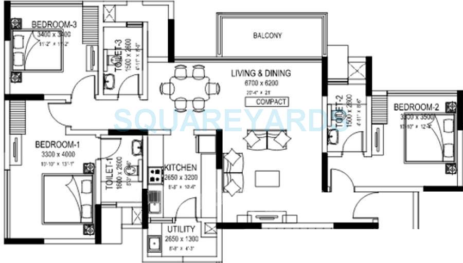 Floor plan of 3 BHK 2000 Sq. Ft. Apartment in Sobha Elanza, Pune
