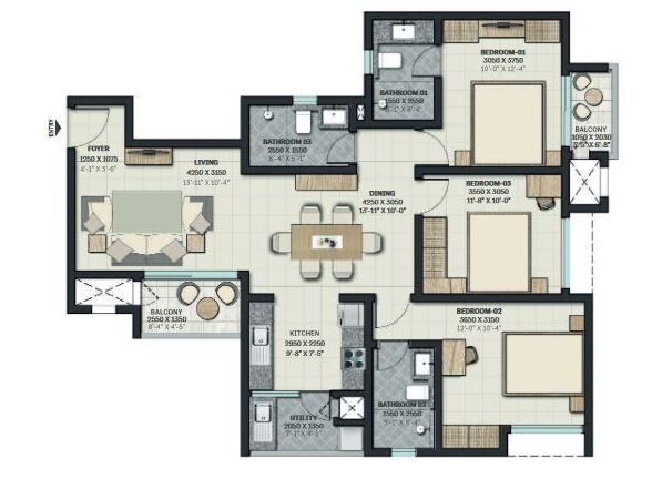 Floor plan of 3 BHK 2081 Sq. Ft. Apartment in Sobha Elanza, Pune