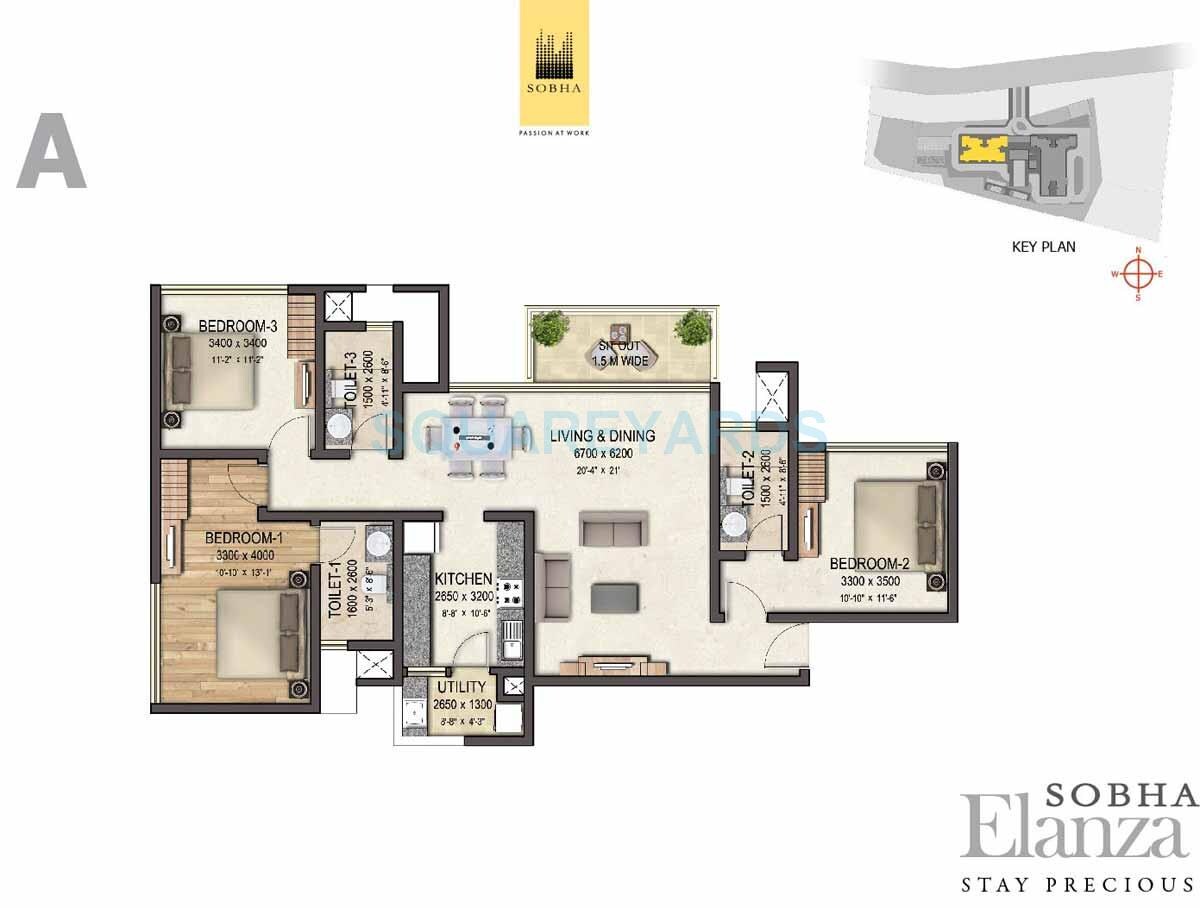 Floor plan of 3 BHK 1755 Sq. Ft. Apartment in Sobha Elanza, Pune