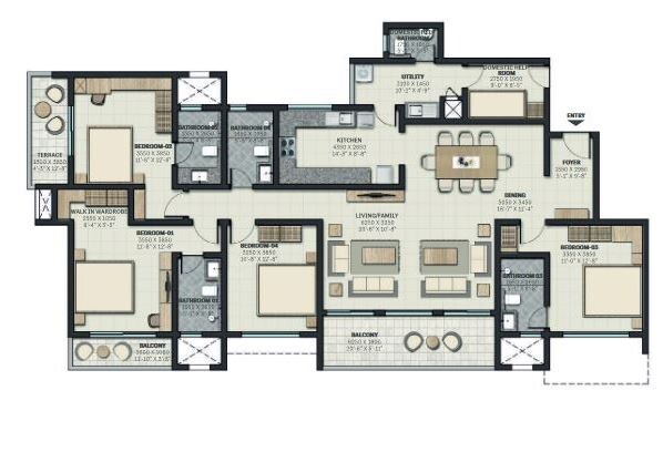Floor plan of 4 BHK 2574 Sq. Ft. Apartment in Sobha Elanza, Pune