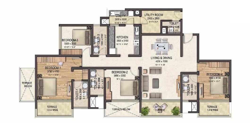 Floor plan of 4 BHK 8000 Sq. Ft. Apartment in Sobha Elanza, Pune