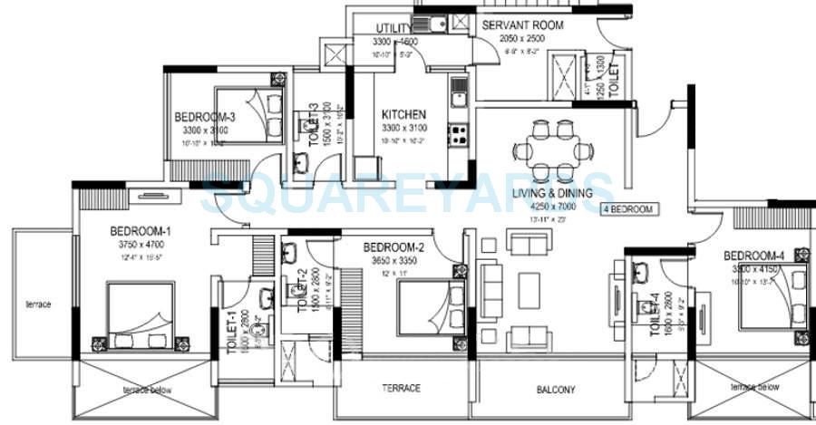 Floor plan of 4 BHK 2475 Sq. Ft. Apartment in Sobha Elanza, Pune