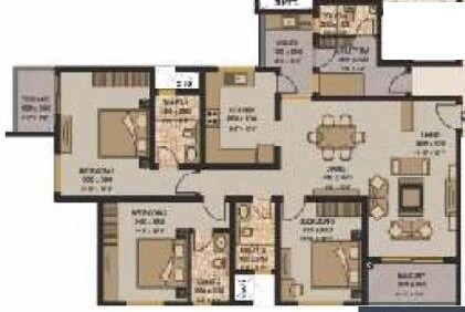 Floor plan of 3 BHK 1544 Sq. Ft. Apartment in Sobha Garnet, Pune