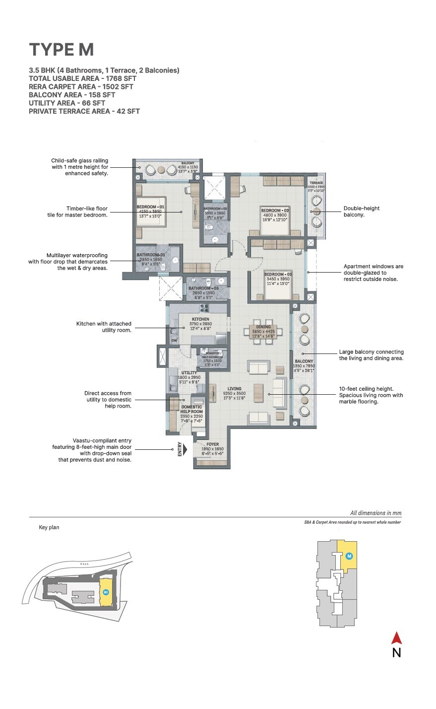 Floor plan of 3 BHK 1768 Sq. Ft. Apartment in Sobha Nesara, Pune