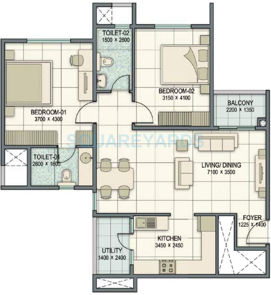 Floor plan of 2 BHK 750 Sq. Ft. Apartment in Sobha Orion, Pune