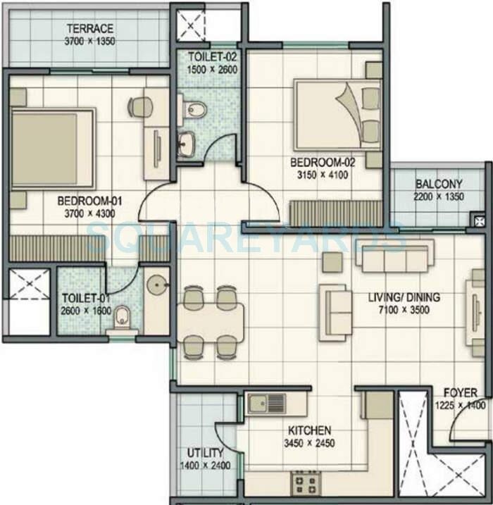 Floor plan of 2 BHK 806 Sq. Ft. Apartment in Sobha Orion, Pune