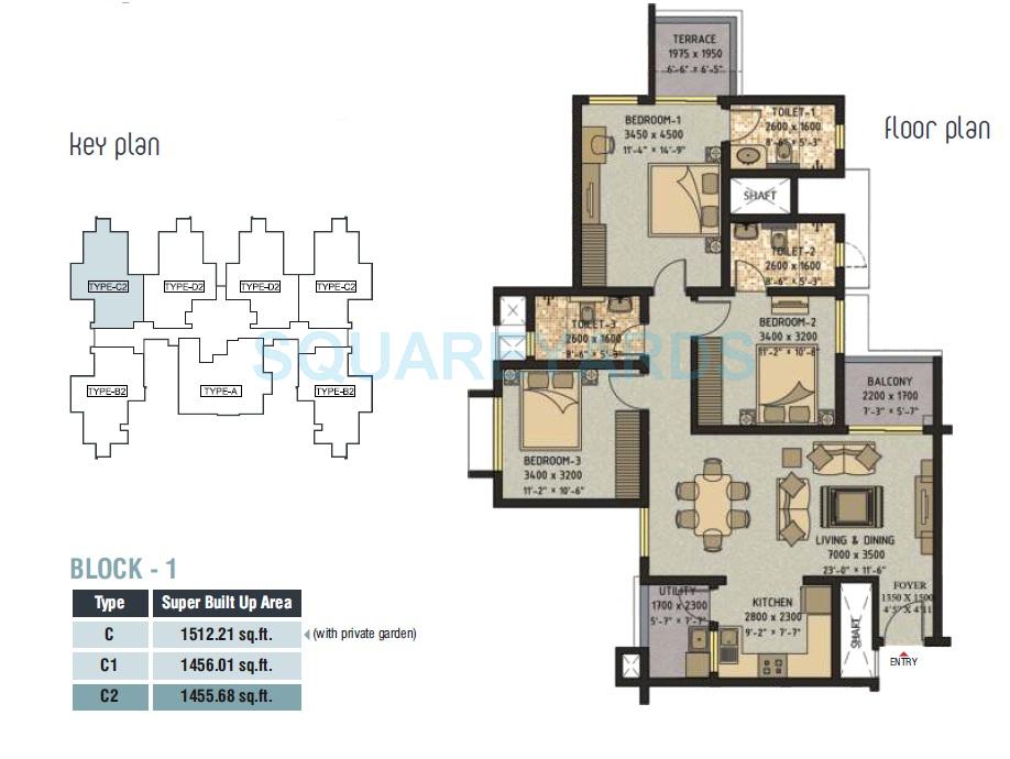 Floor plan of 3 BHK 1455 Sq. Ft. Apartment in Sobha Ivory Pune, Pune