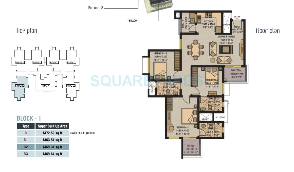 Floor plan of 3 BHK 1469 Sq. Ft. Apartment in Sobha Ivory Pune, Pune